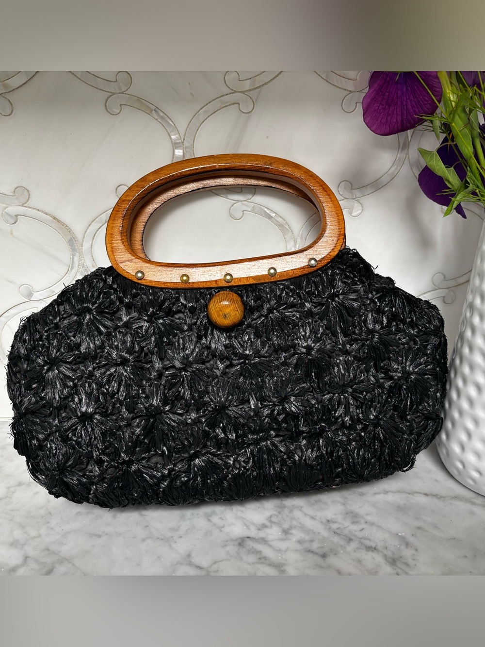 Vintage Black Woven Raffia Clutch with Wooden Handles